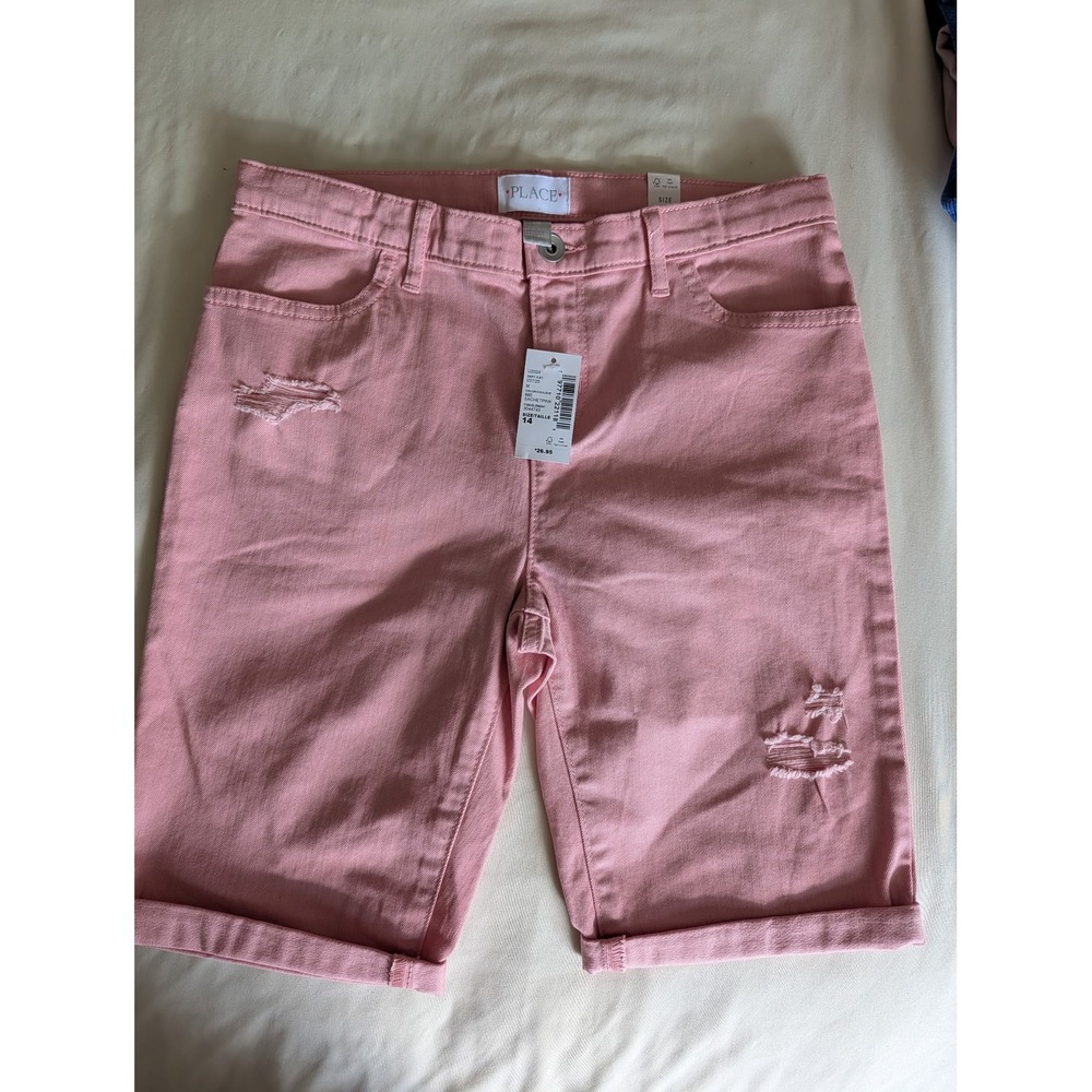 The Children's Place Girls Pink Distressed Denim Skimmer Shorts Size 14 NWT